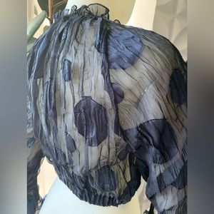 Zara Navy Blue Semi-Sheer Cropped Blouse with Polka Dots